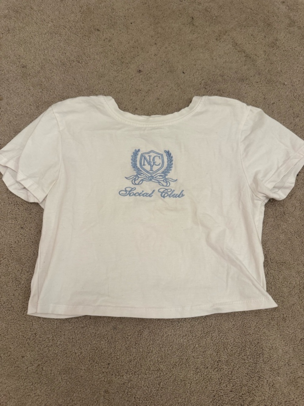 Social Club White Crop Tee with Light Blue Crest Logo